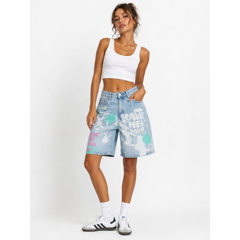 Zara Distressed Graffiti Denim Shorts Jorts Graphic Light Wash